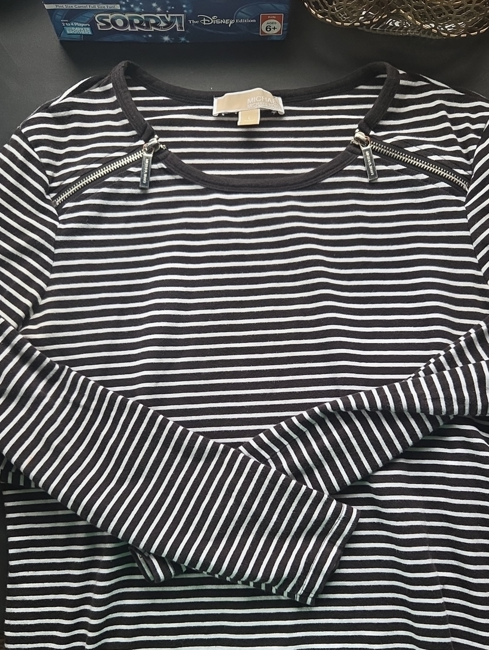 Michael Kors Black & White Striped Long-Sleeve Top with Shoulder Zippers